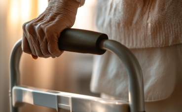 Afbeelding van een bejaarde vrouw die leunt op haar rollator met doorschijnende gordijnen op de achtergrond.