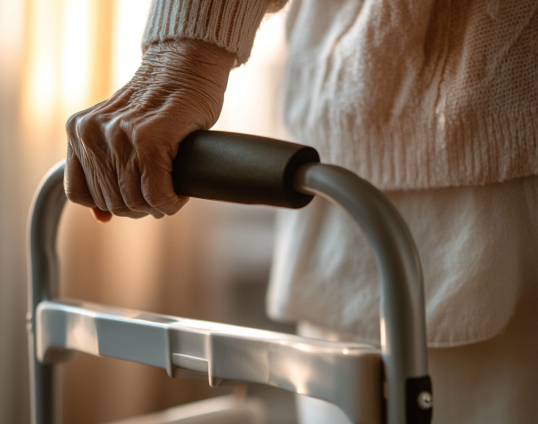 Afbeelding van een bejaarde vrouw die leunt op haar rollator met doorschijnende gordijnen op de achtergrond.