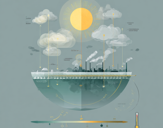 Infographic van de GWP-waarde met daarop een industrieel gebied met zon en wolken erboven.