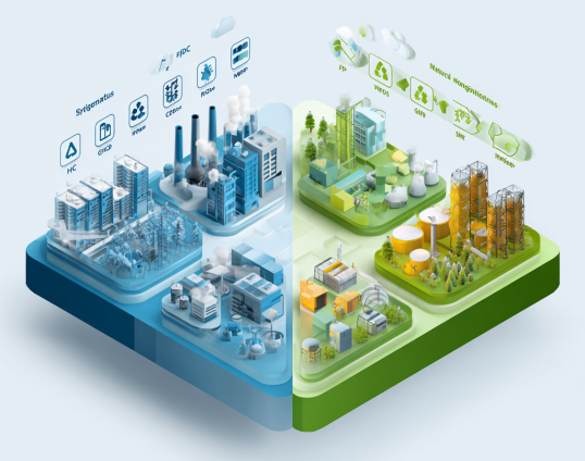 Infographic die twee kanten heeft (blauw en groen) dat het verschil visueel uitlegt tussen synthetische en natuurlijke koudemiddelen.